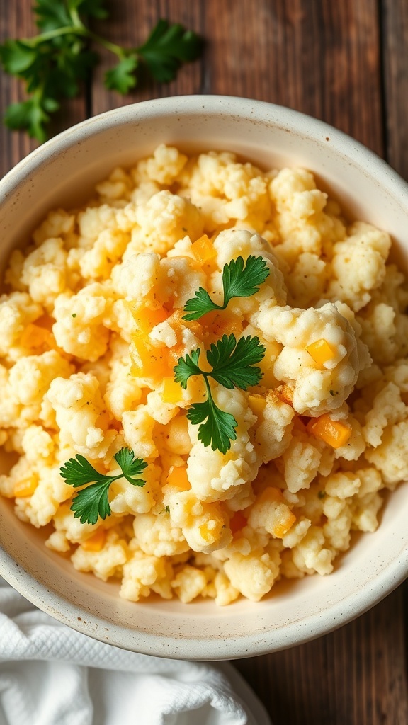 Three Cheese Cauliflower Rice Recipe A bowl of cheesy cauliflower rice with melted cheeses and parsley garnish on a rustic table.